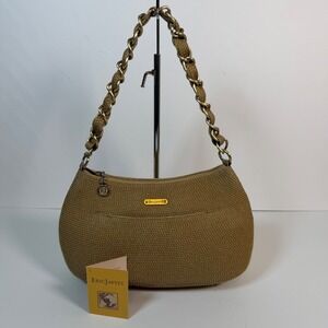 Eric‎ Javits Squishee Woven Tan Shoulder Bag Gold Chain Strap Straw Raffia Style